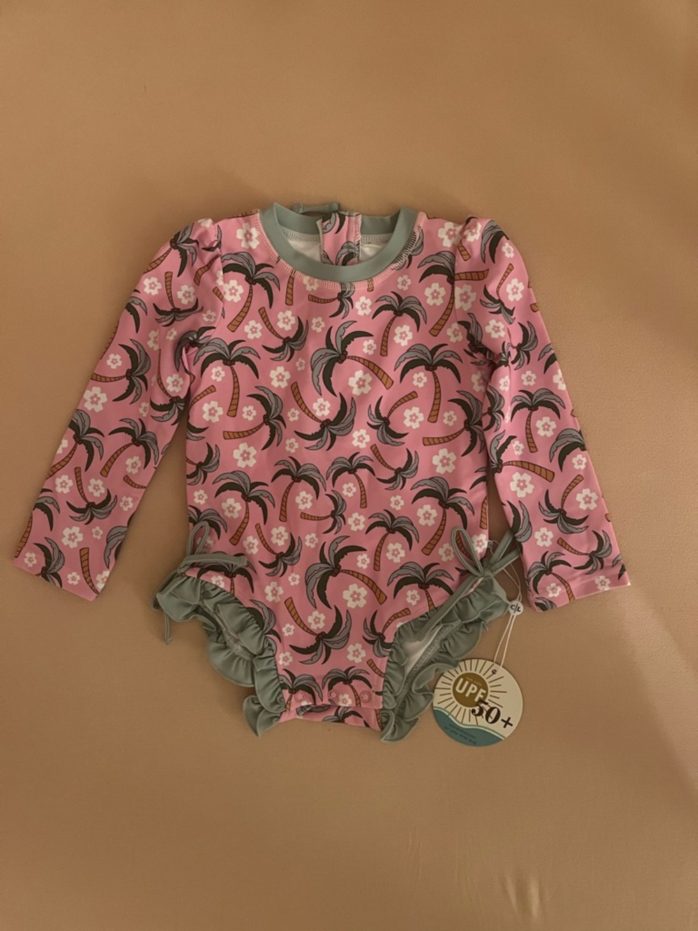 Caden Lane Pink and Sage Tropical Palm Ruffle Swimsuit